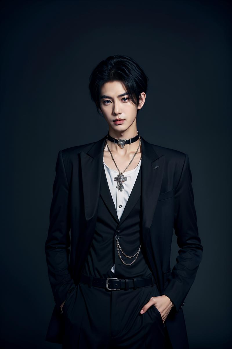 01986-3140947832-sd mai,Suit thug,1boy,black hair,male focus,solo,hands in pockets,formal,suit,looking at viewer,choker,belt,jewelry,necklace,__l.png